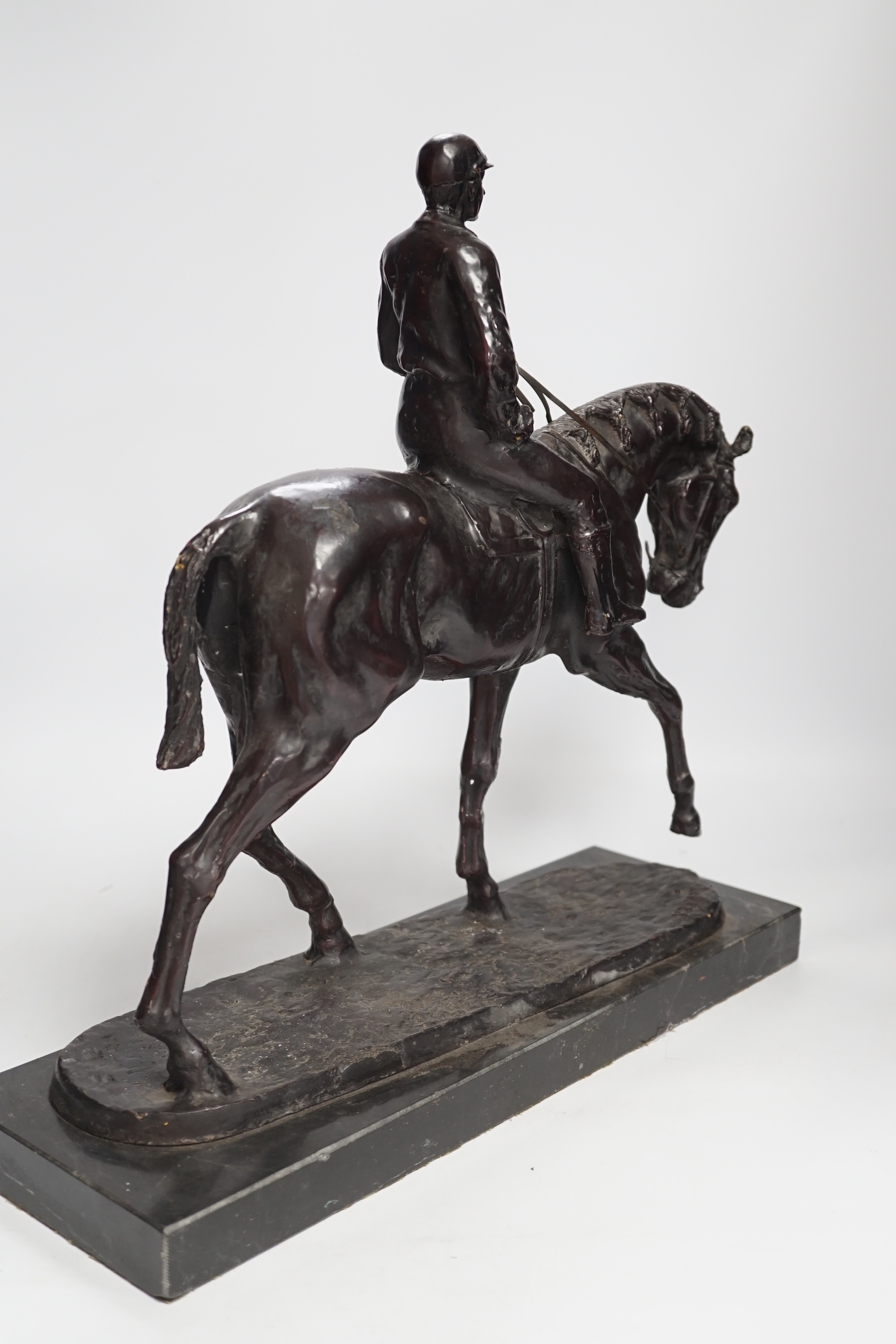 After Pierre-Jules Mêne (1810-1879) bronze study of horse and rider raised on marble base, 43cm wide